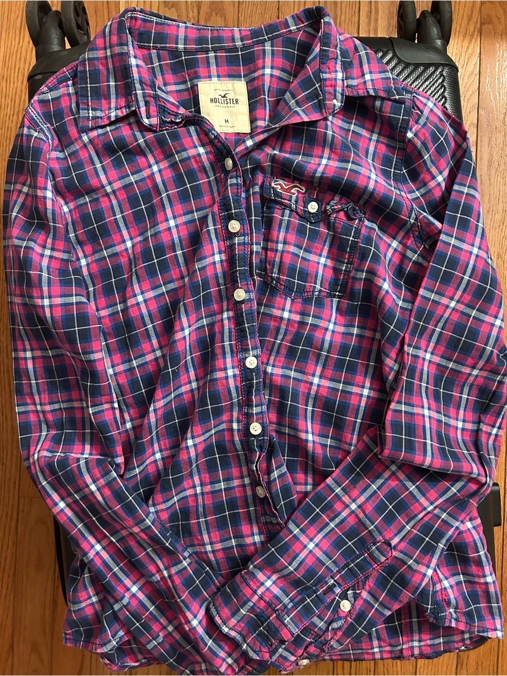 Hollister Navy and Pink Plaid Button-Down Shirt